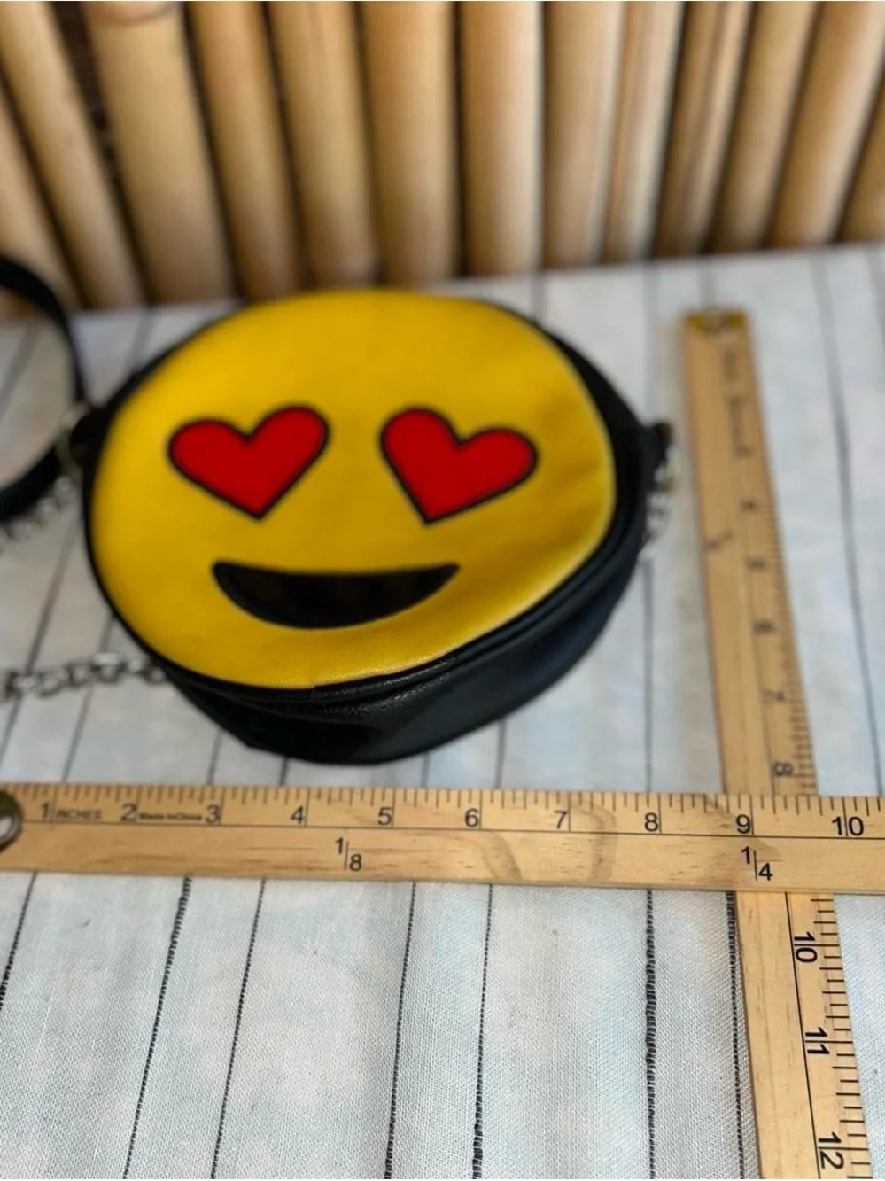 Olivia Miller Yellow Heart-Eyes Emoji Round Crossbody Bag with Black Trim